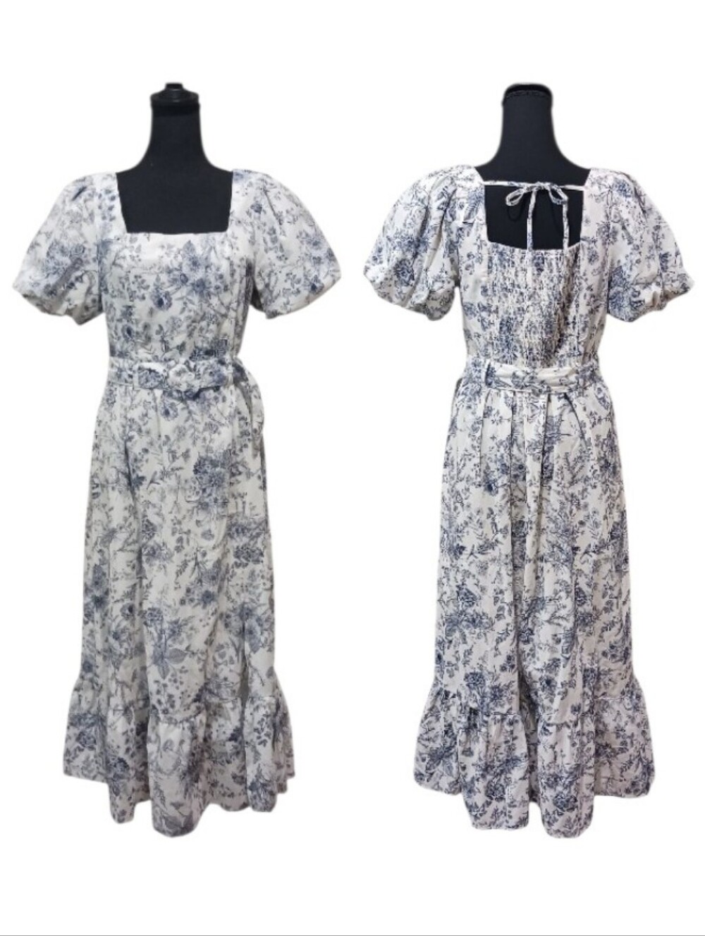 Indigo Rose Floral Toile Puff Sleeve Belted Cottage Midi Dress